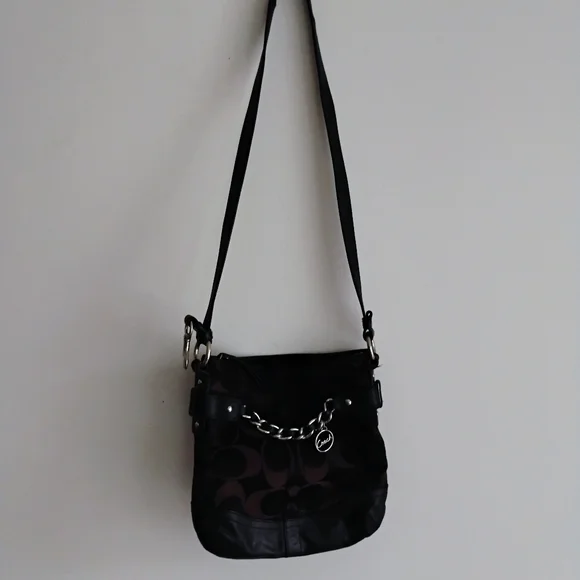 Coach Black Leather Dark Brown Canvas Signature Crossbody Bag Purse - Picture 14 of 15